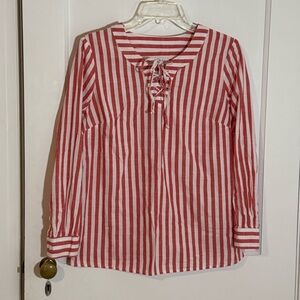Style & Co. Red and White Striped Long Sleeved Top with lace up placket, size PM